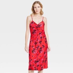 a new day WOMENS XS RED & FLORAL RUCHED DRESS NWT